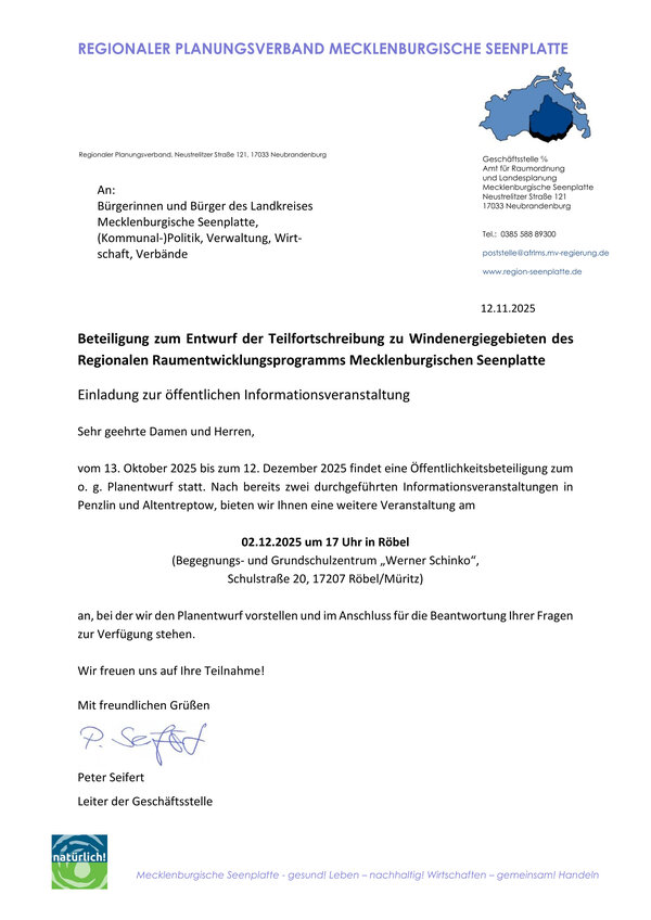 Bild vergrößern: Beteiligung zum Entwurf der Teilfortschreibung zu Windenergiegebieten des Regionalen Raumentwicklungsprogramms Mecklenburgischen Seenplatte