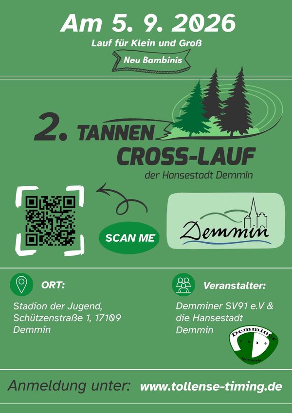 Bild vergr&ouml;&szlig;ern: Veranstaltungsplakat für den 2. Tannen Cross-Lauf der Hansestadt Demmin am 5. September 2026. Der Lauf findet im Stadion der Jugend in Demmin statt und wird vom Demminer SV91 e. V. und der Hansestadt Demmin veranstaltet.