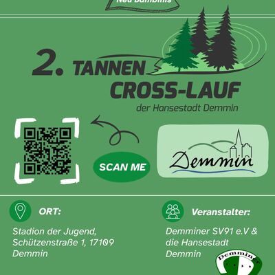 Veranstaltungsplakat für den 2. Tannen Cross-Lauf der Hansestadt Demmin am 5. September 2026. Der Lauf findet im Stadion der Jugend in Demmin statt und wird vom Demminer SV91 e. V. und der Hansestadt Demmin veranstaltet.