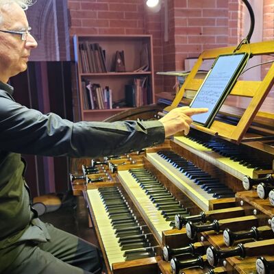 Bild vergr&ouml;&szlig;ern: Jens Goldhardt an der Demminer Buchholz-Grüneberg-Orgel