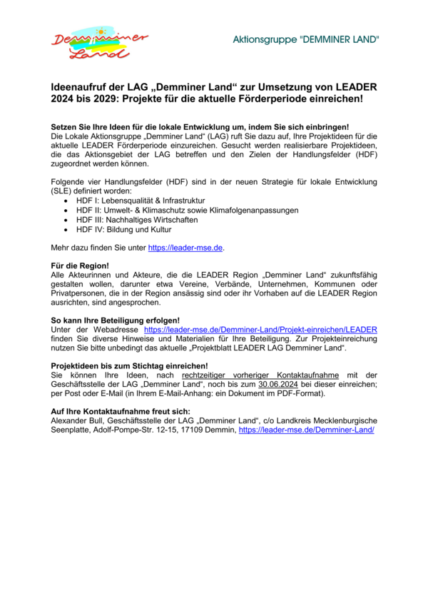 Bild vergr&ouml;&szlig;ern: Ideenaufruf der LAG „Demminer Land“ 2024 - 2029